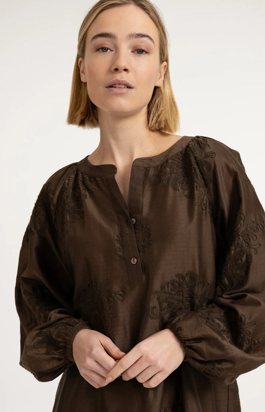 YAYA Besticktes Kleid mit langen Ärmel - Slate Black Brown