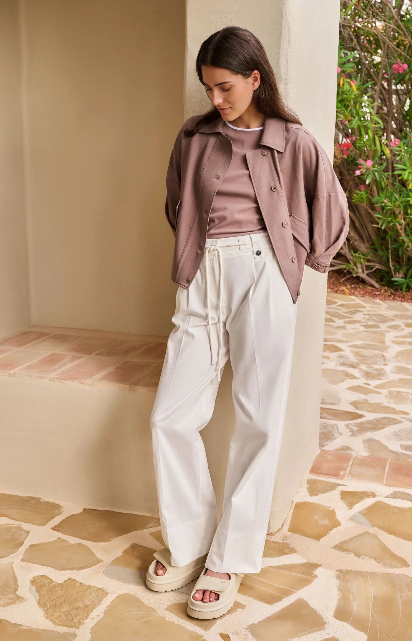 YAYA Hose mit Bundfalten und weitem Bein Offwhite