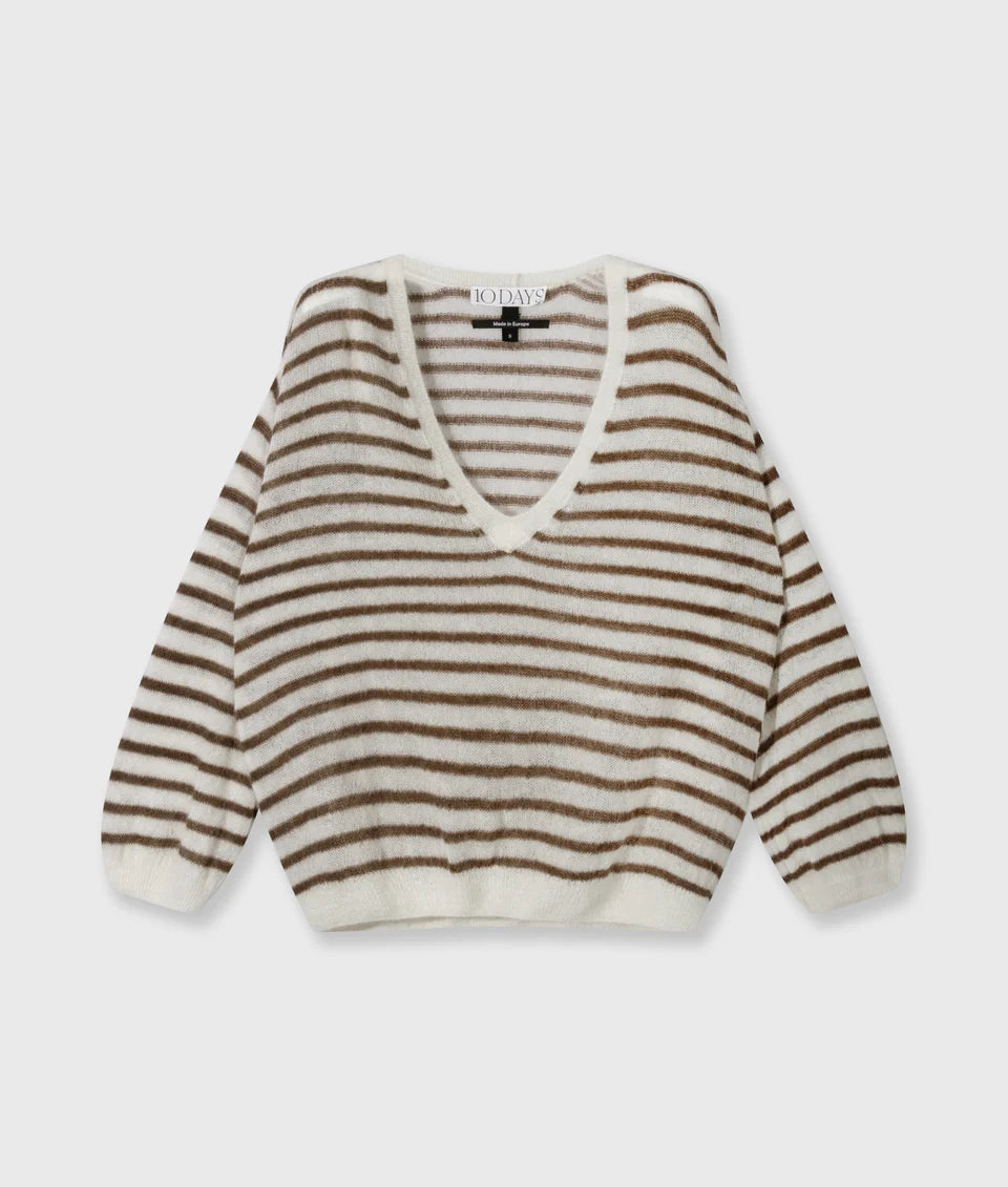 10DAYS AMSTERDAM Thin V-Neck Sweater Dark Truffle/ Ecru
