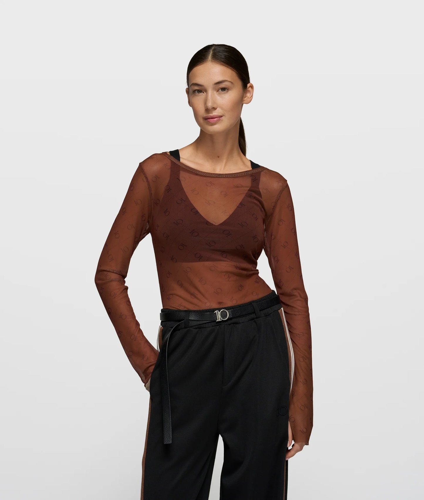 10DAYS AMSTERDAM Mesh Long Sleeve Monogram - Dark Truffle