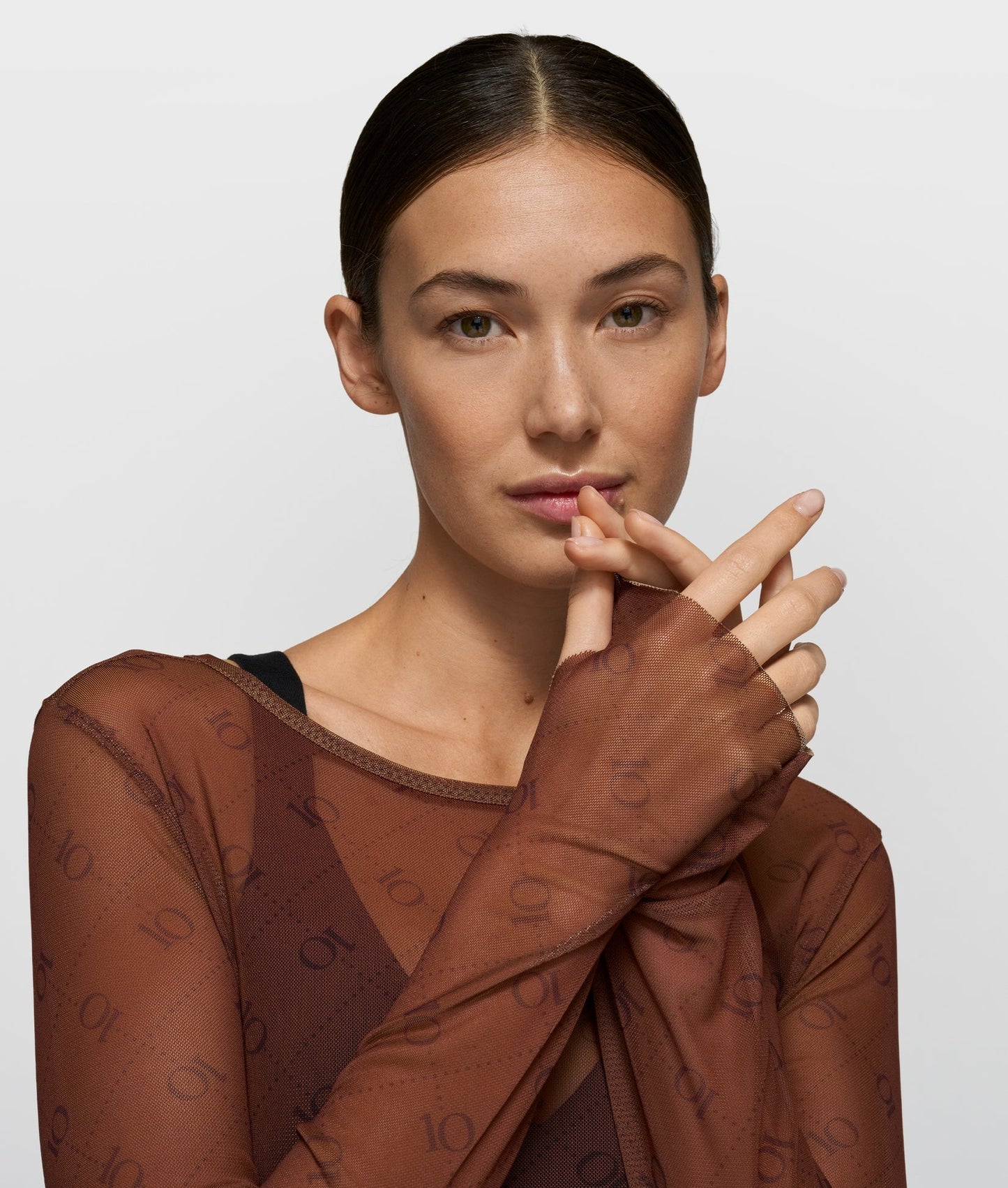 10DAYS AMSTERDAM Mesh Long Sleeve Monogram - Dark Truffle