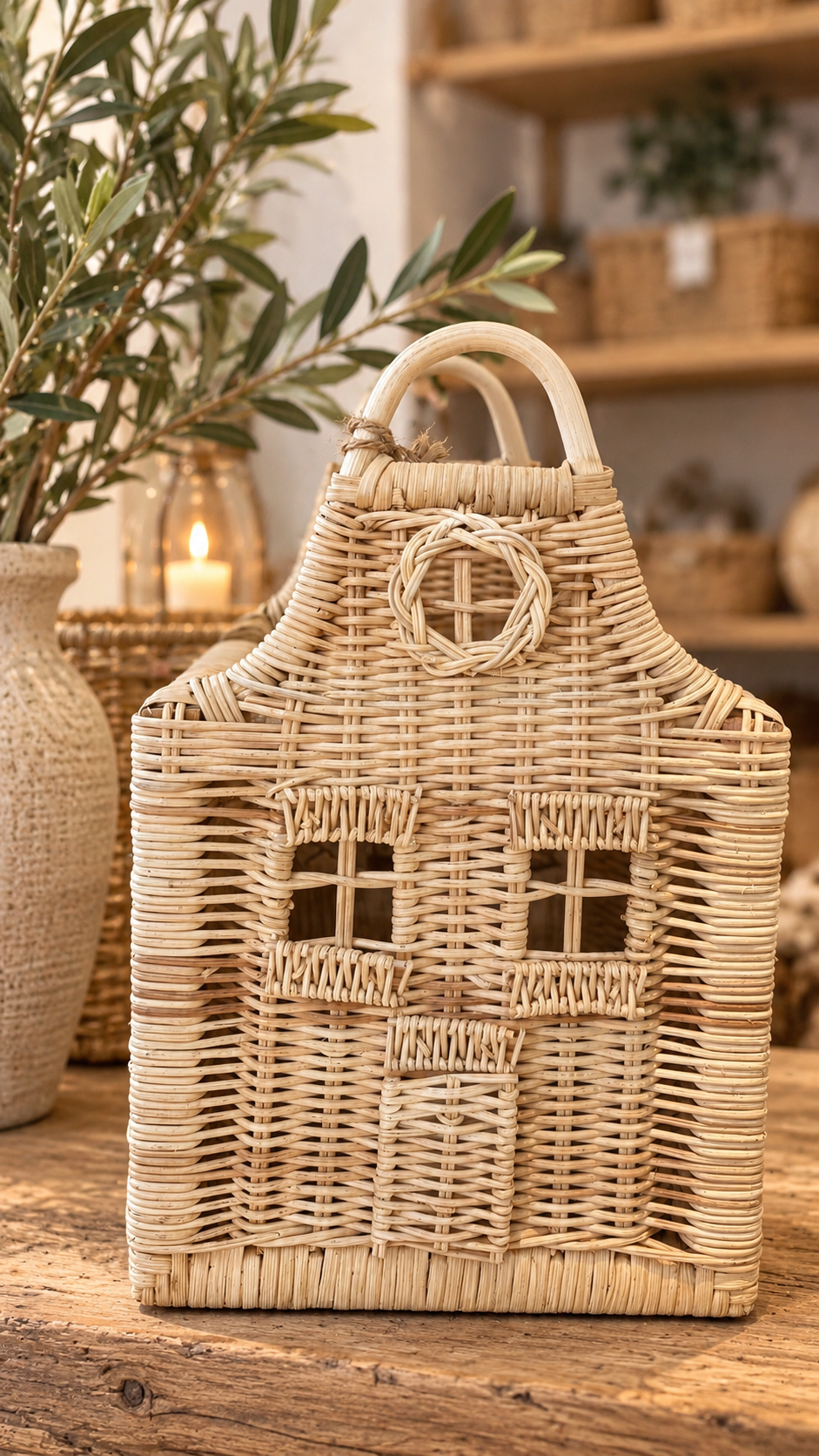 Rattanlaterne Haus groß - Natur