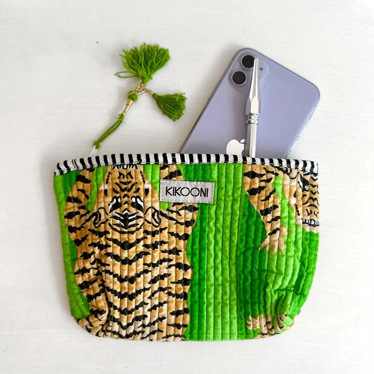 KIKOONI Handgemachte Kosmetiktasche "Poppy Tiger Green"