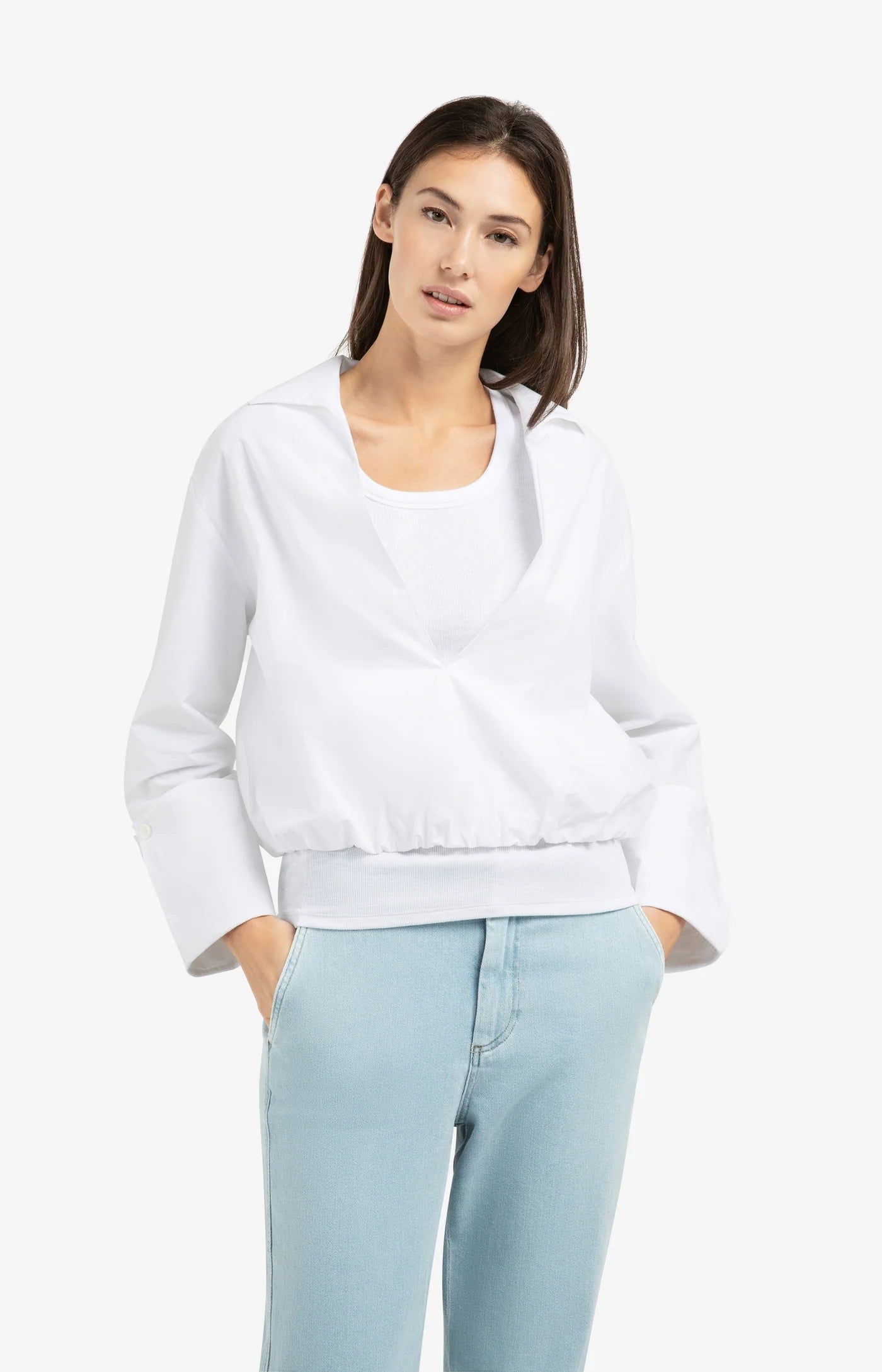 YAYA Ballon Bluse mit tiefen V-Ausschnitt Pure White