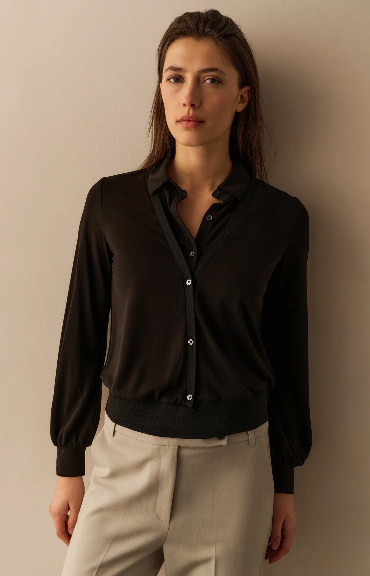 YAYA Jerseybluse mit Balloonärmel im Lagenlook Black
