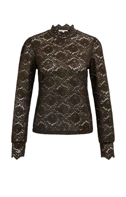 YAYA Spitzenshirt mit Kragen und langen Arm - Delicioso Brown