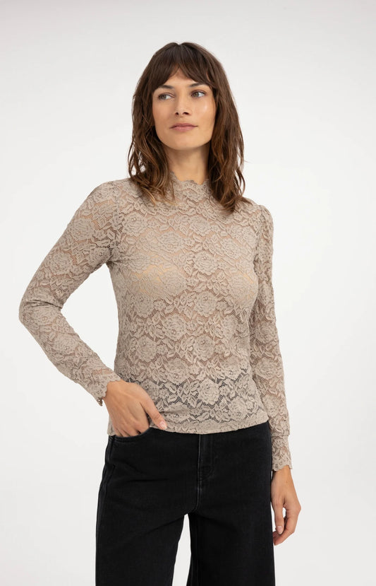 YAYA Spitzenshirt mit Kragen und langen Arm - Cashmere Grey