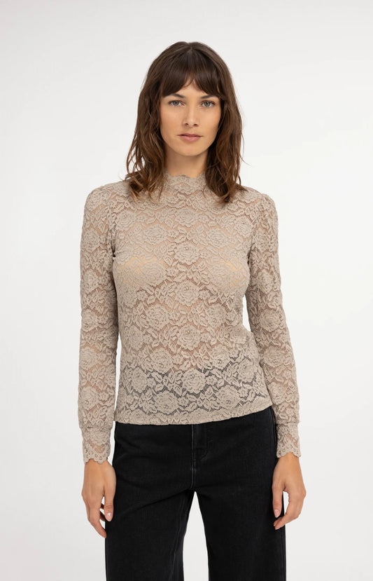 YAYA Spitzenshirt mit Kragen und langen Arm - Cashmere Grey