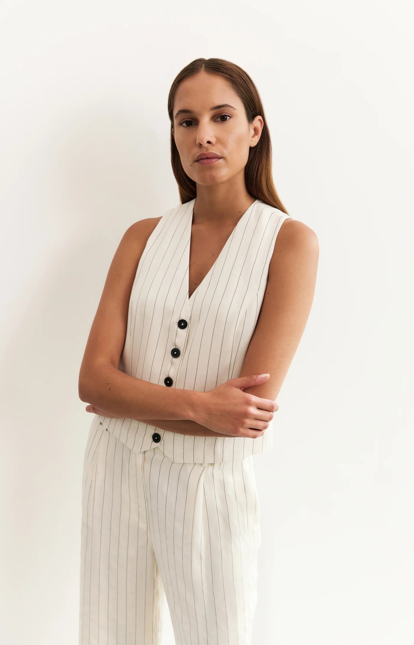 YAYA Weste aus Leinenmischung mit Nadelstreifen - Sand Linen