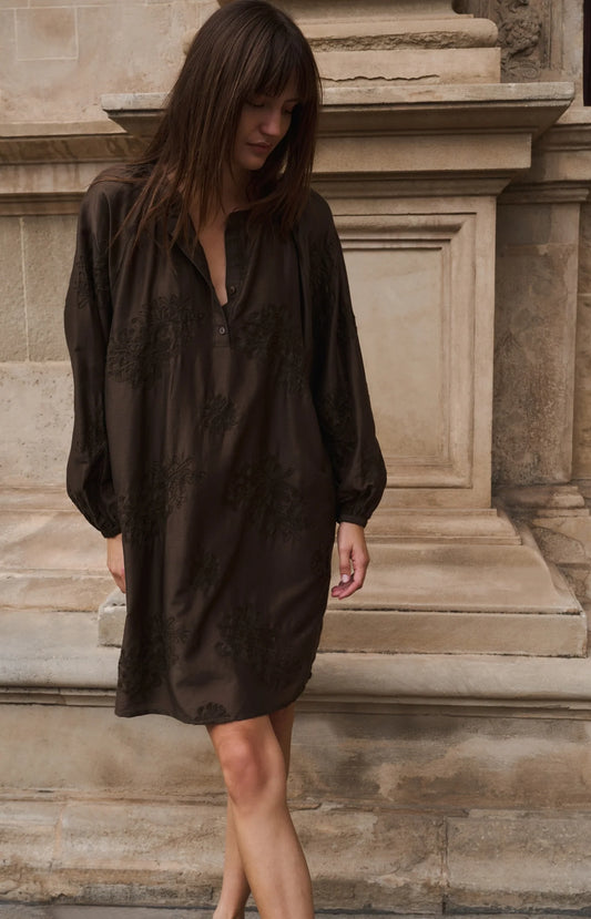 YAYA Besticktes Kleid mit langen Ärmel - Slate Black Brown